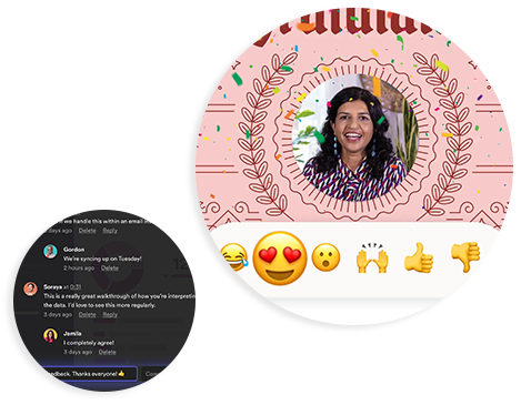 Woman with emojis on screen, chat conversation